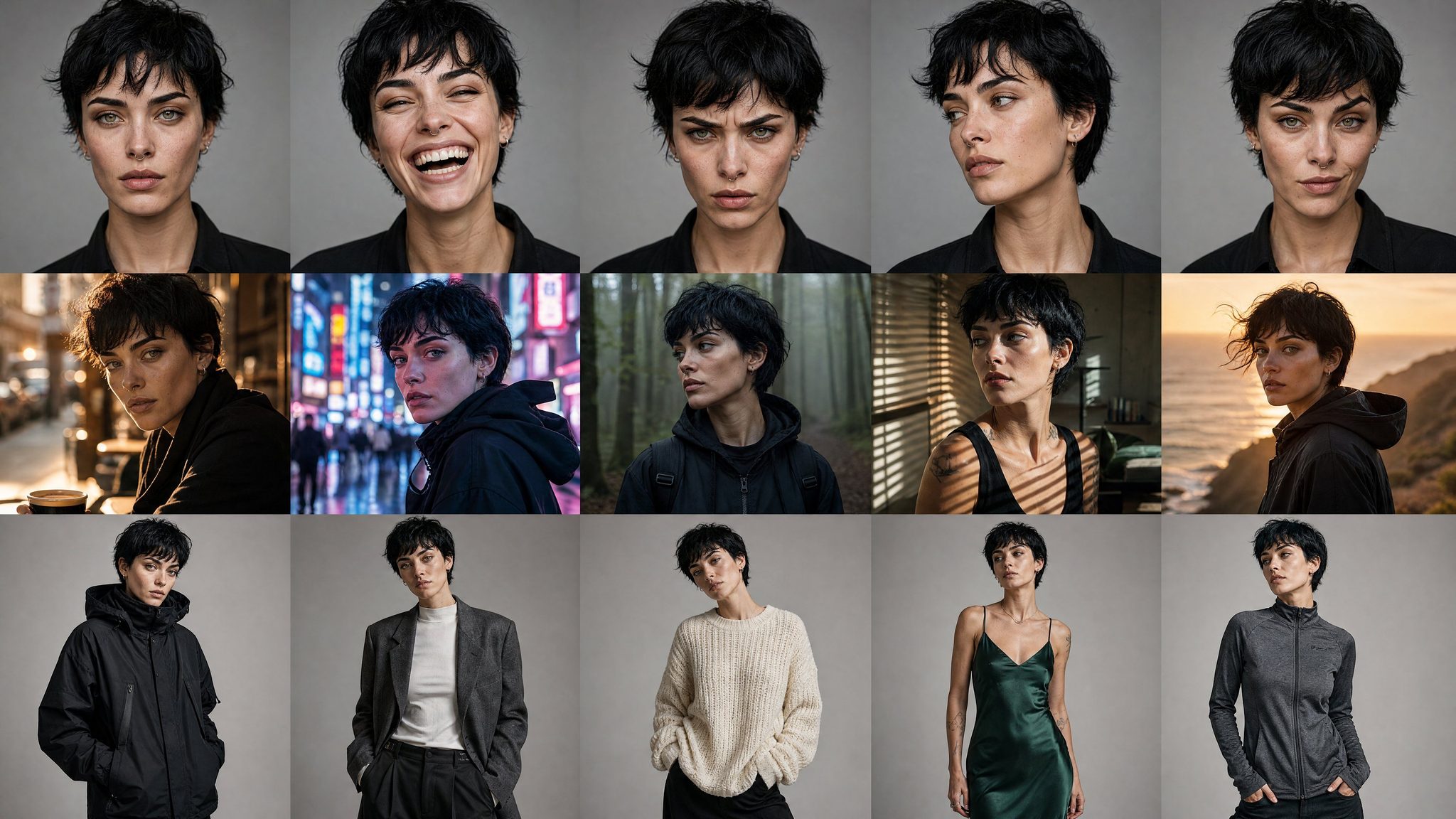 AI Influencer Character Design Sheet — 15-panel reference grid generated with ChatGPT Image 2.0