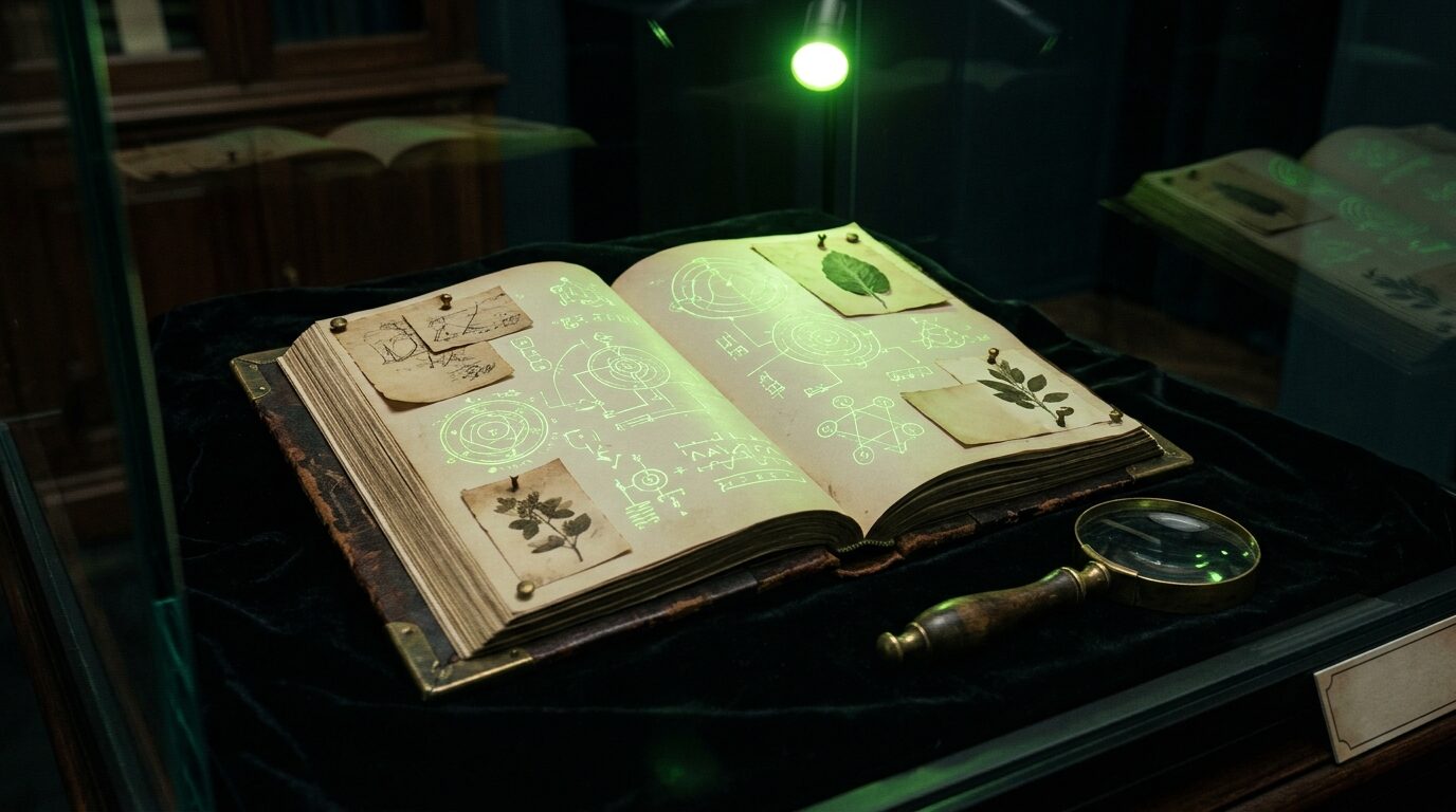 An open leather ledger under museum glass, pages of glowing diagrams and pinned fragments.