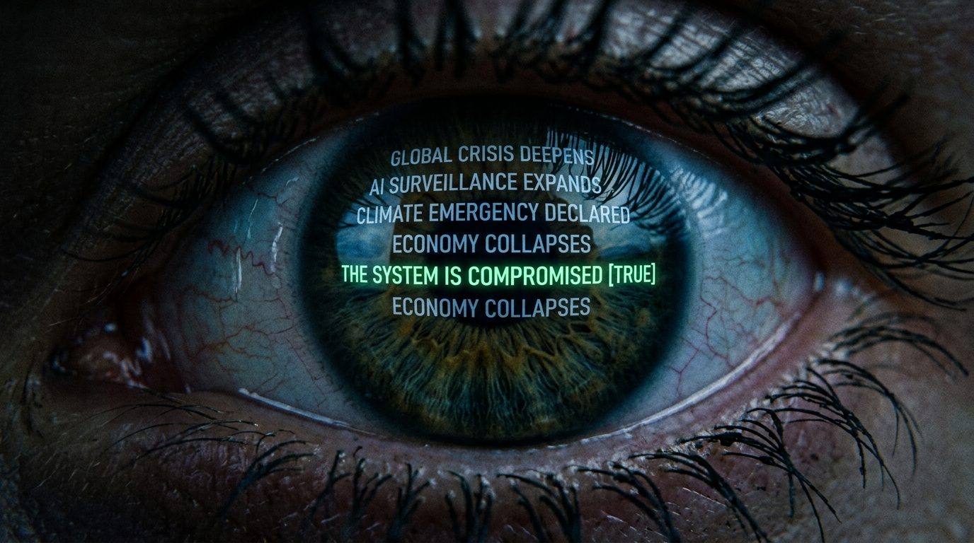 Extreme close-up of a human eye reflecting a feed of glowing headlines