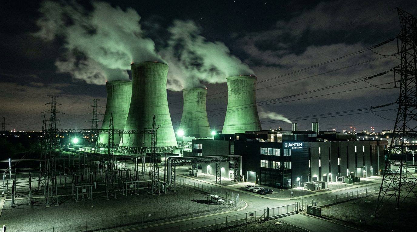 Industrial cooling towers venting steam at night behind a data center under green floodlights