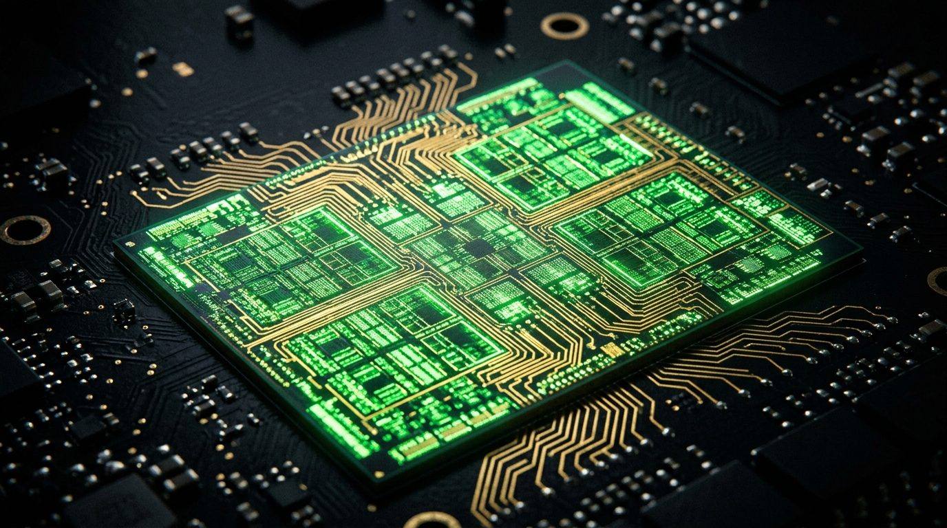 Macro photograph of a glowing green GPU silicon die like a city seen from orbit, gold traces as streets