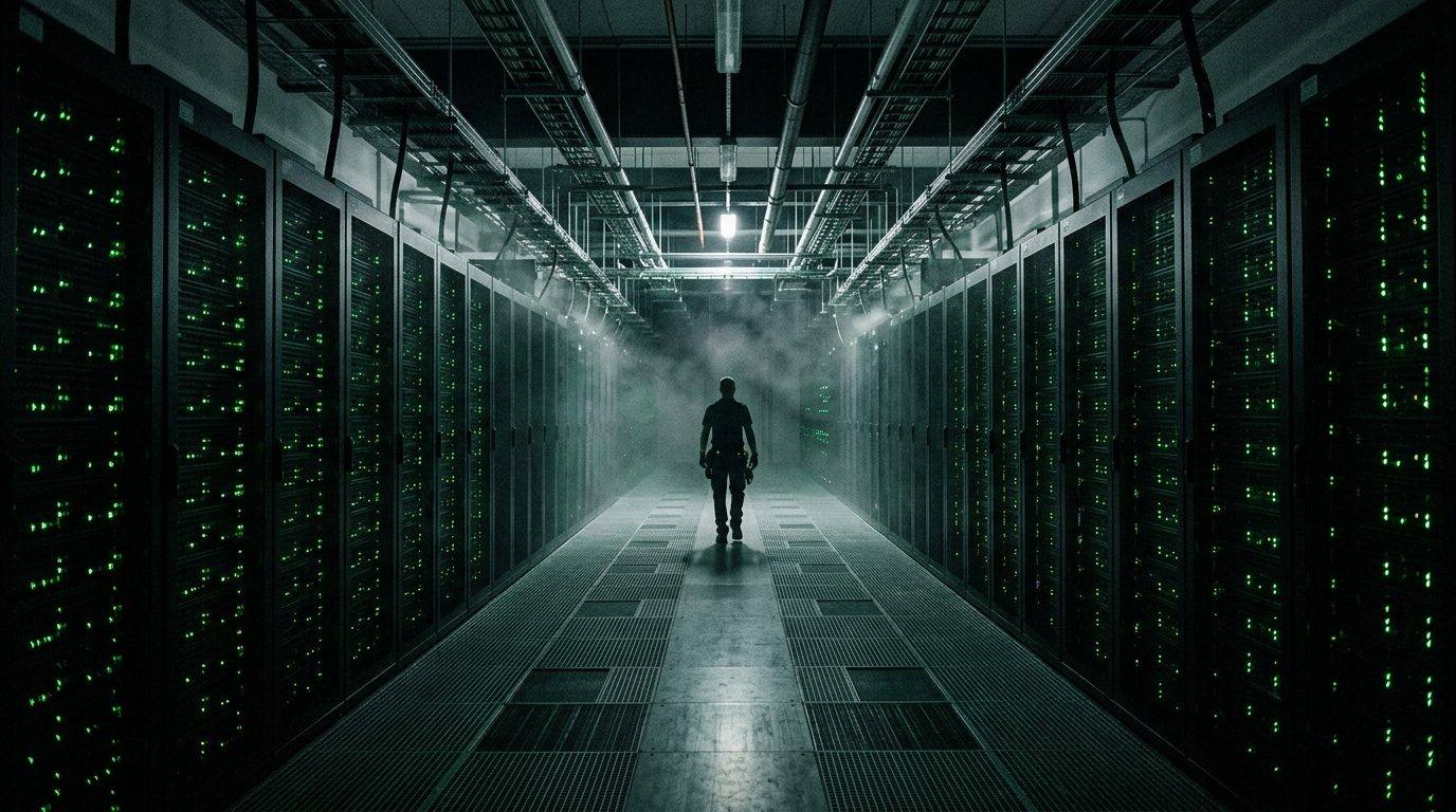 Endless data center corridor of monolithic black server racks with emerald status lights, cold mist, one human for scale