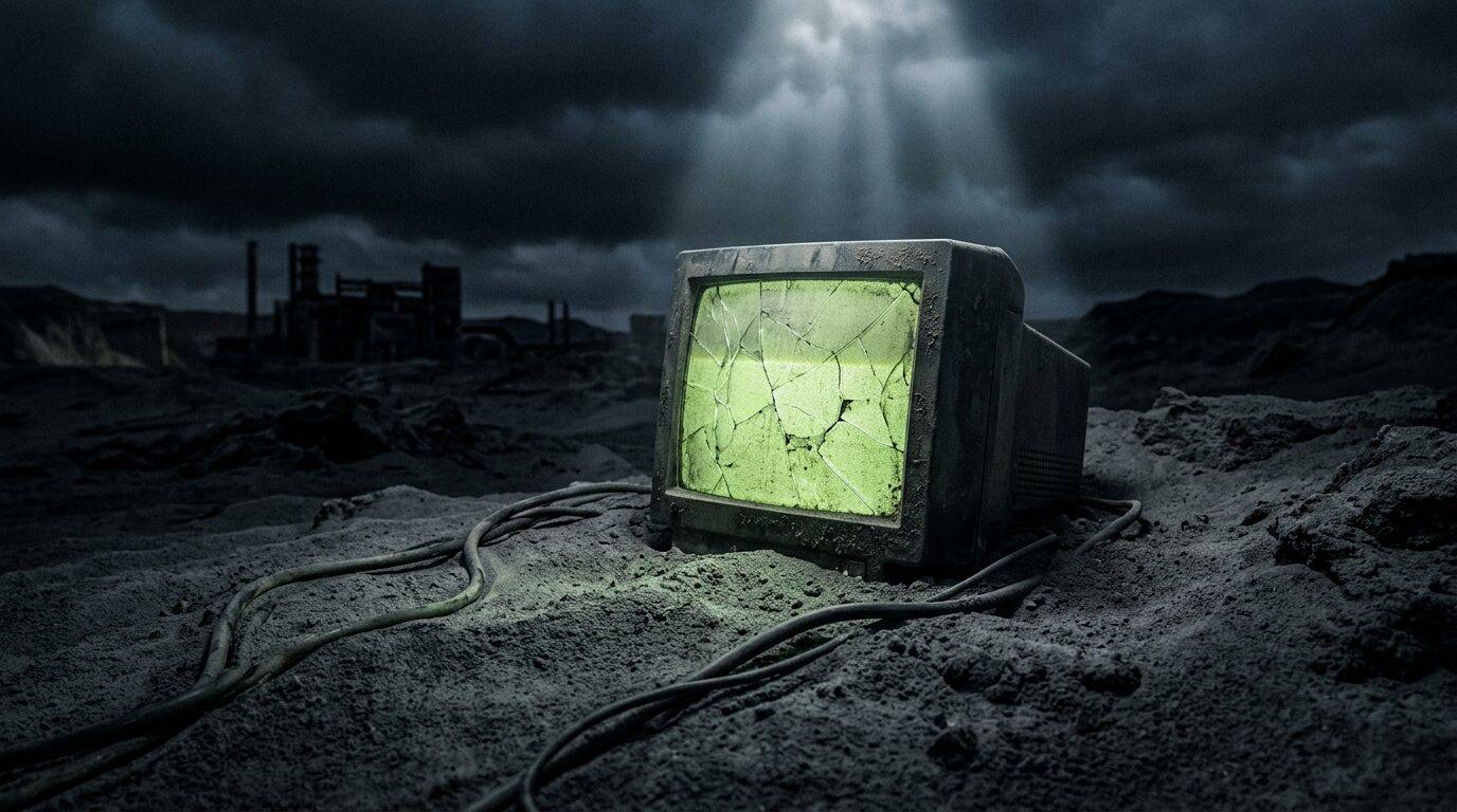 A cracked CRT monitor half-buried in grey ash, its screen still faintly glowing.