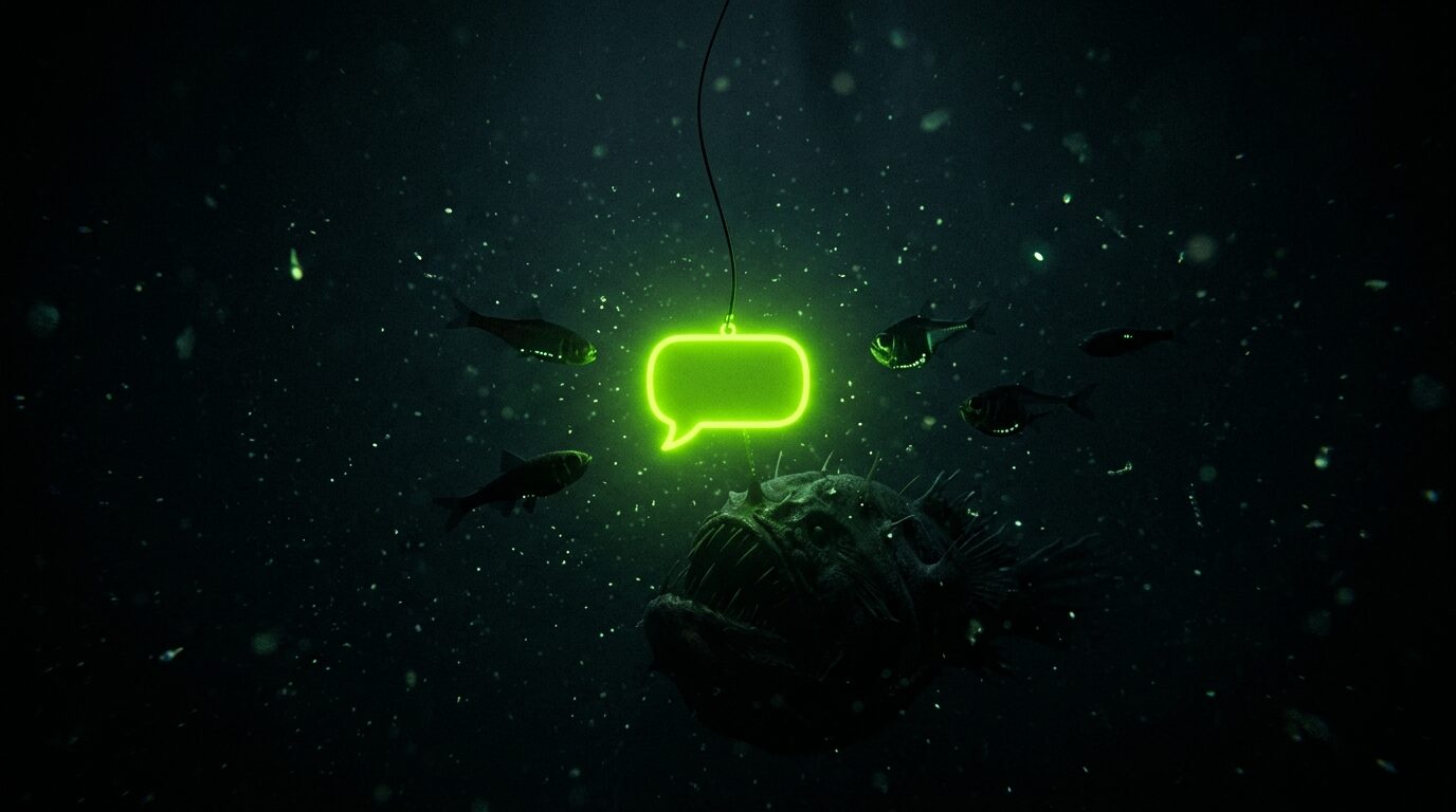 An anglerfish lure shaped like a glowing green message bubble dangling on a line in dark water.