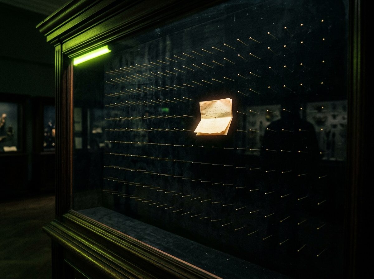 An entomology display case lined with black velvet holding empty brass specimen pins in a grid.