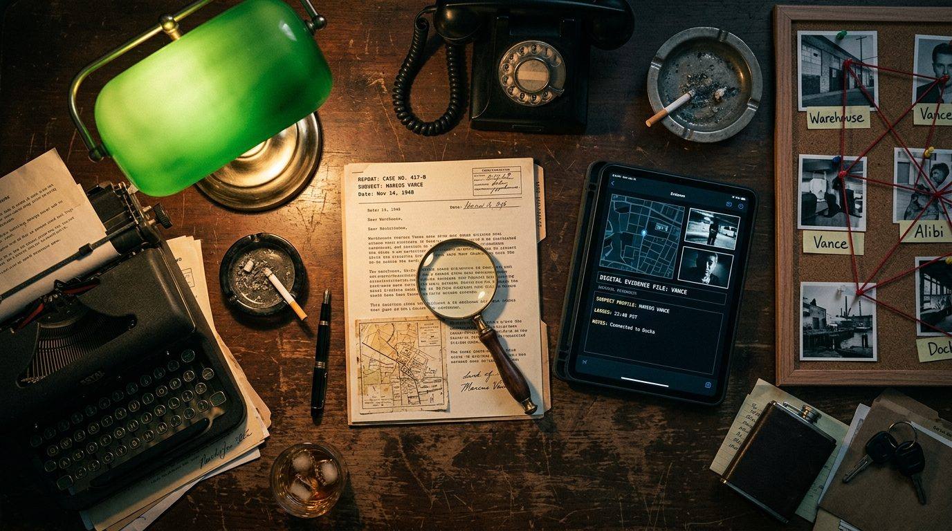 A detective desk with green banker lamp, brass magnifying glass on a printed document, modern glowing tablet