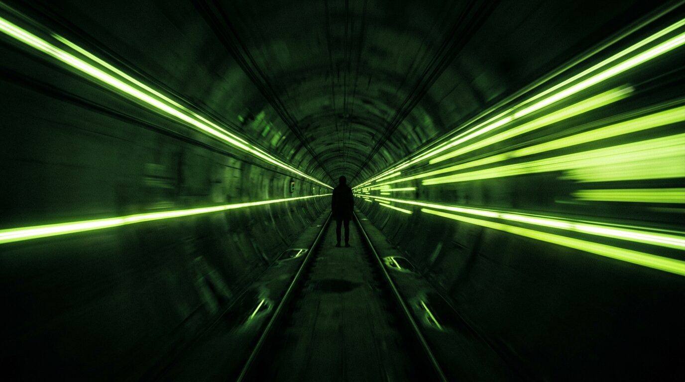 A dark tunnel with green light strips rushing past in motion blur, one still figure ahead.