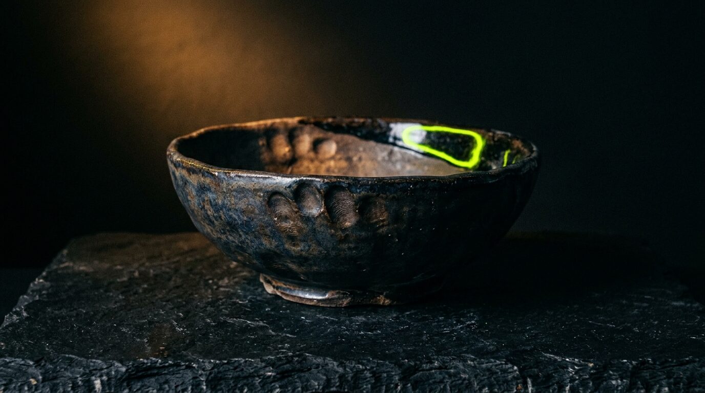 A slightly imperfect handmade ceramic bowl on black stone under a single warm spotlight.