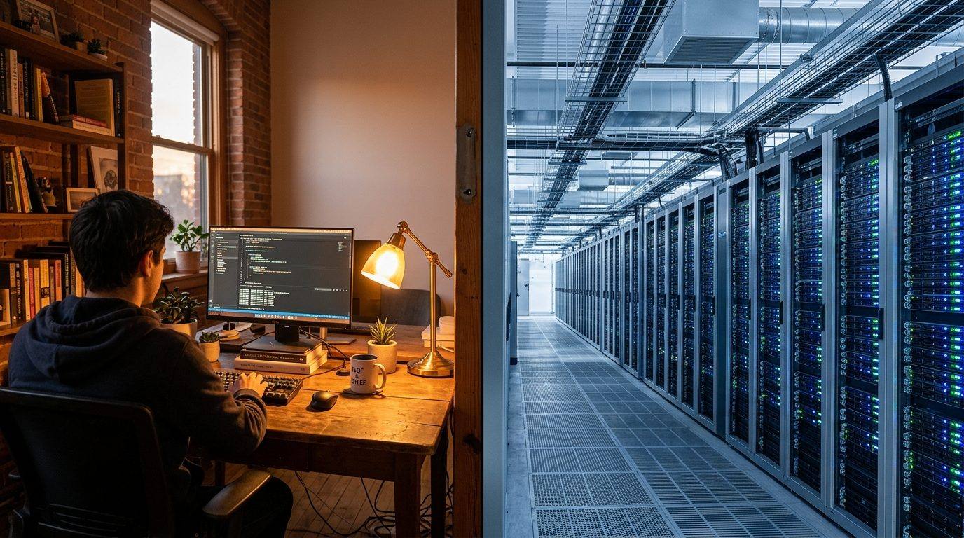 A small warm desk computer mirrored against a vast cold server hall
