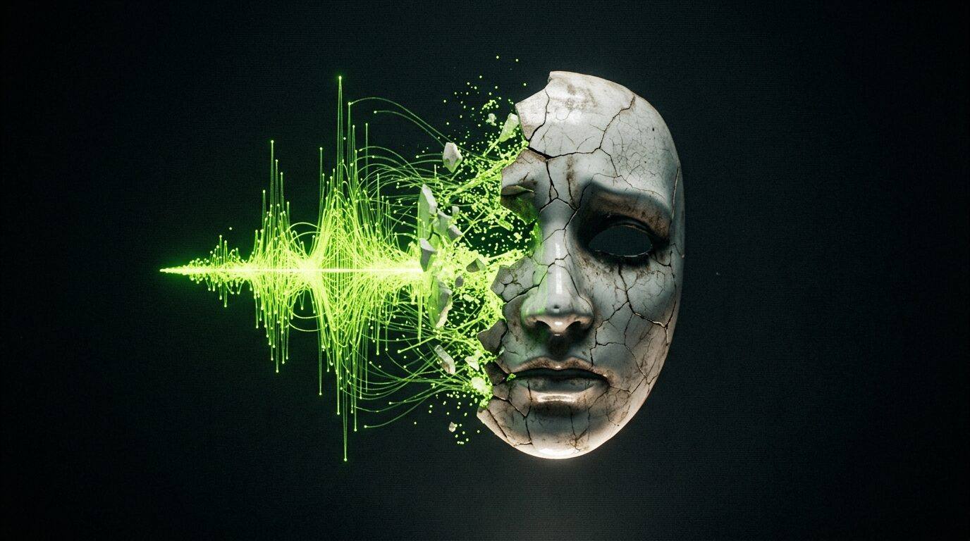 A cracked porcelain mask floating in darkness, one half dissolving into a glowing green audio waveform.