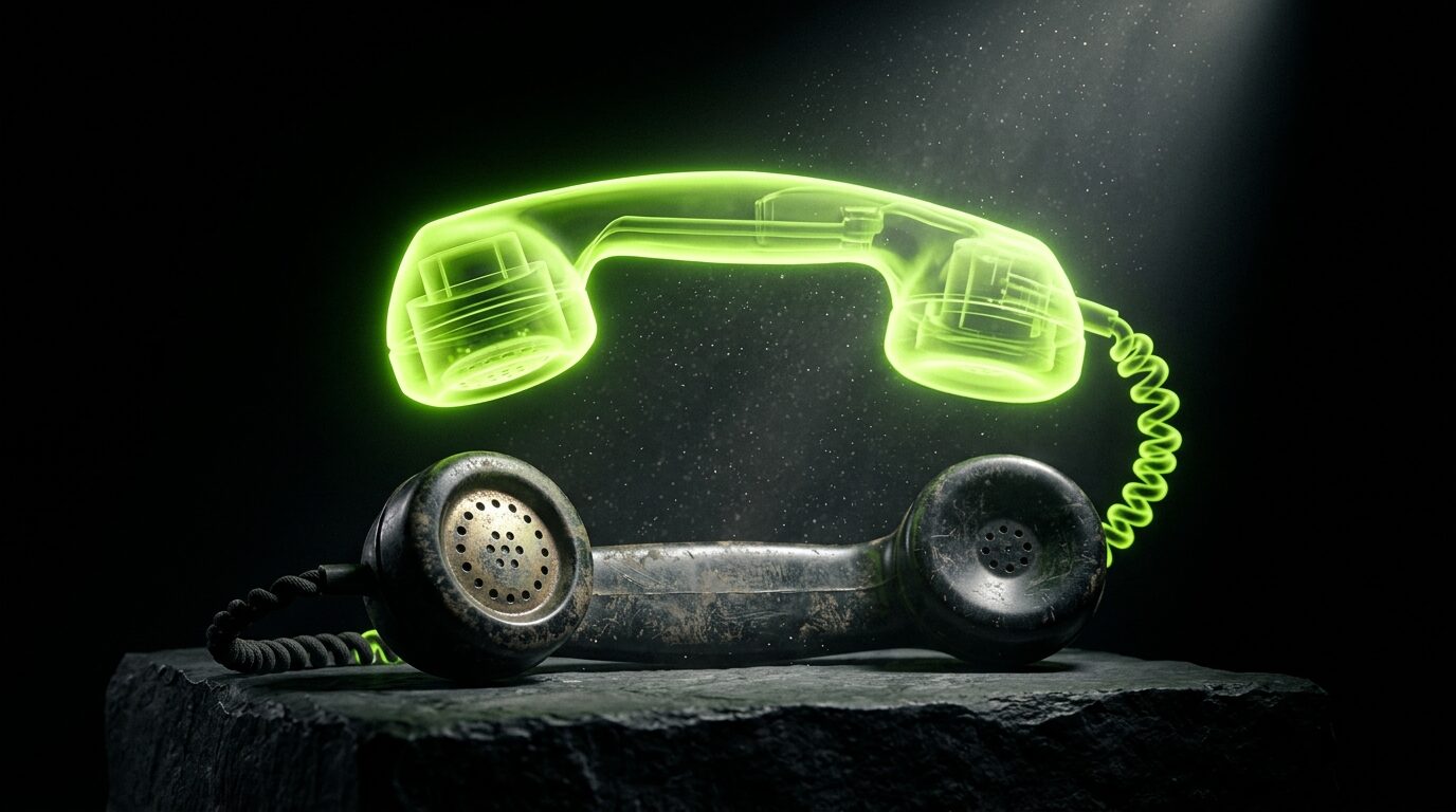 An old telephone handset on a museum plinth with a translucent green duplicate hovering above it.