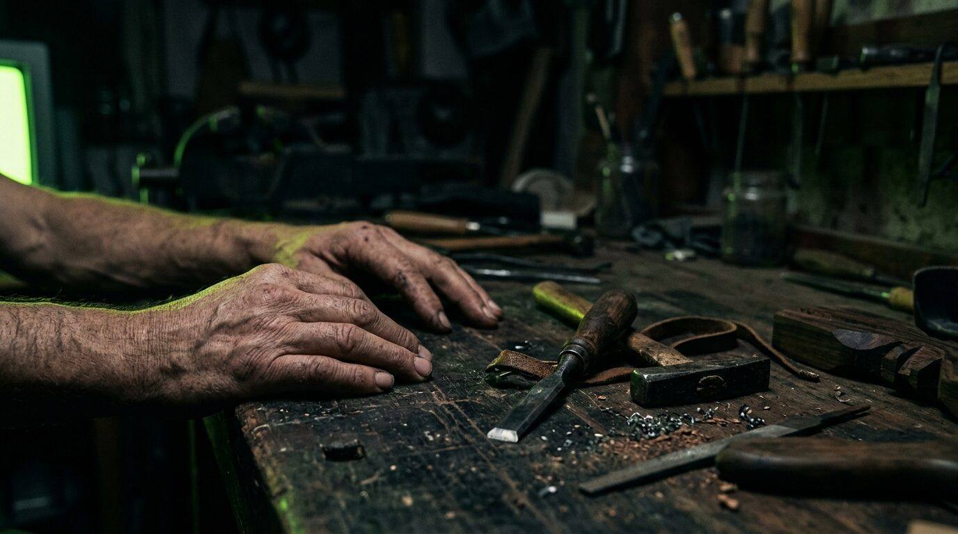 Worn human hands resting on a workbench beside handmade tools, warm light with a green rim.
