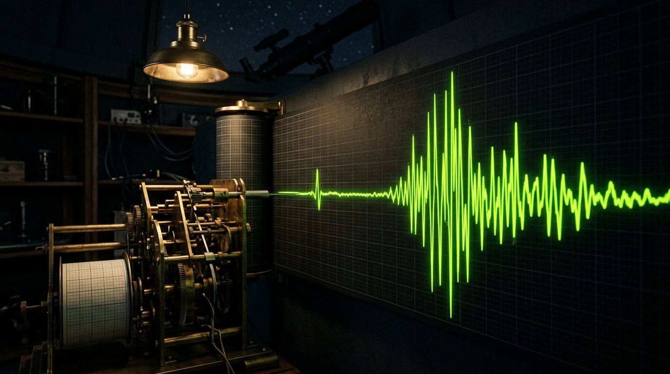 A seismograph needle drawing a glowing green line across black paper in a dark room.