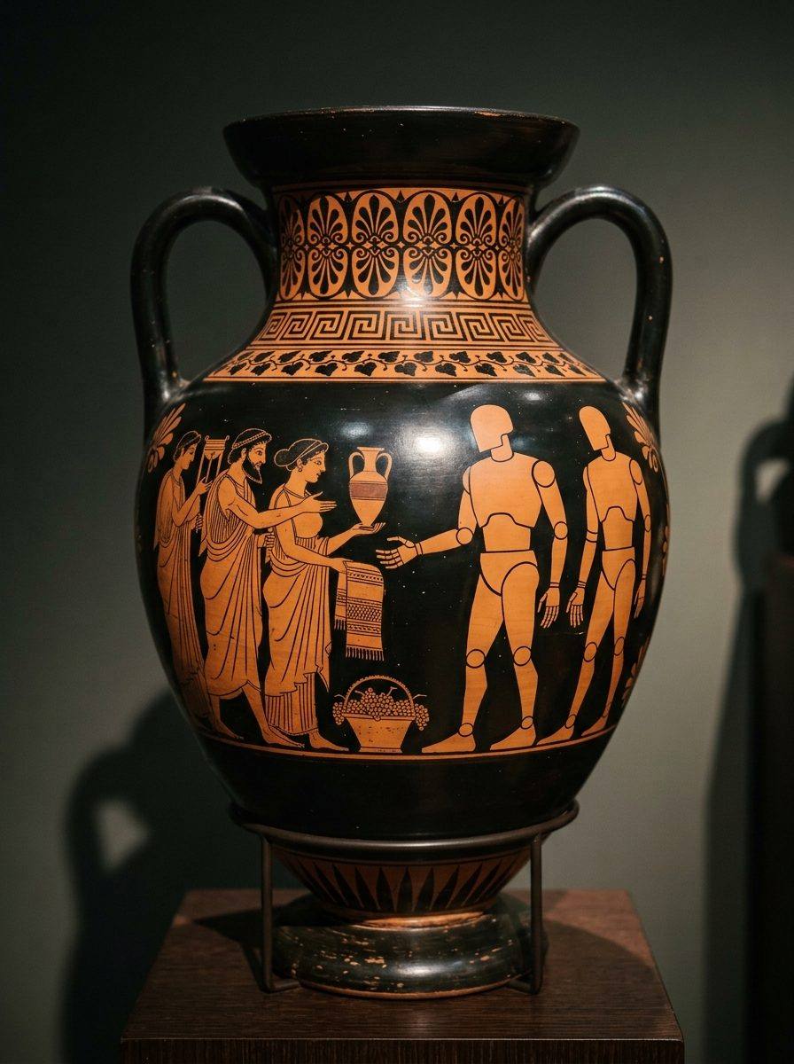 Black-figure amphora showing humans handing gifts to faceless robotic silhouettes