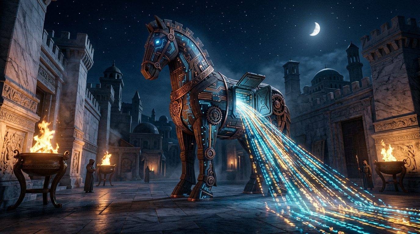 The circuit-board horse inside marble walls at night, hatch open, data-light spilling into a sleeping city