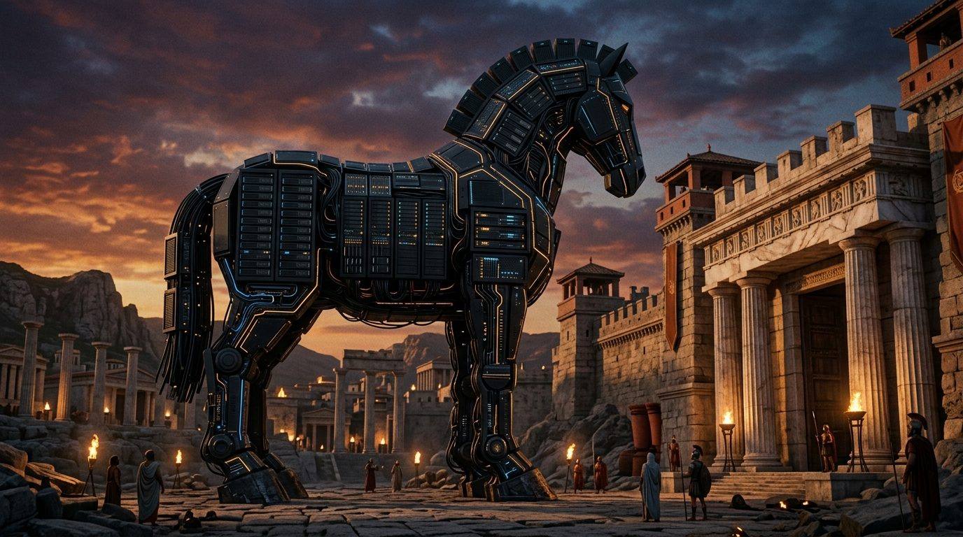 A colossal trojan horse built of matte black server racks with glowing circuit seams before marble city gates at dusk
